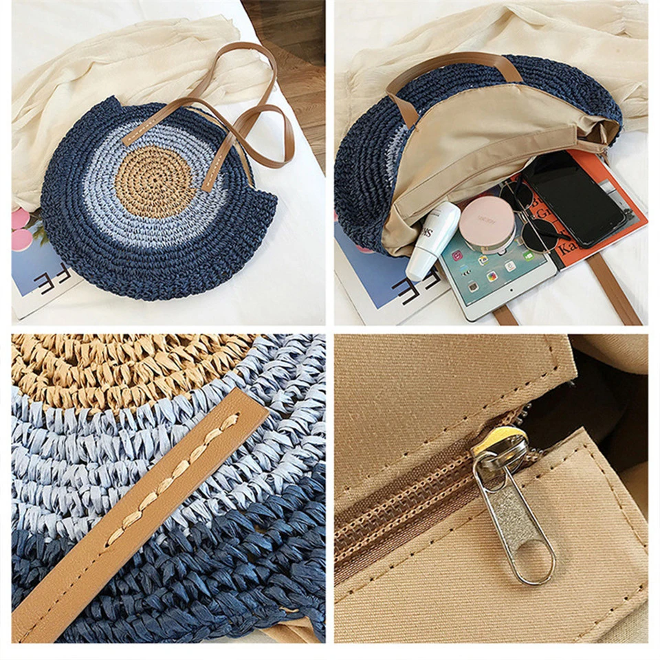 2021 Women Shoulder Handmade Woven Beach Female Message Handbag Summer Round Straw Tote Bag