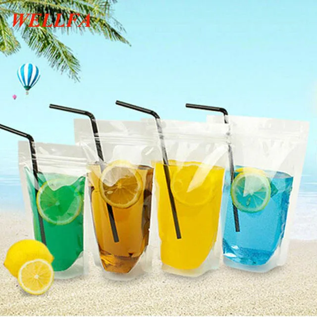 OEM Bolsas Resellables Custom Disposable Transparent Juice Liquid Refill Plastic Packaging Zipper Drink Pouches Bags with Straw