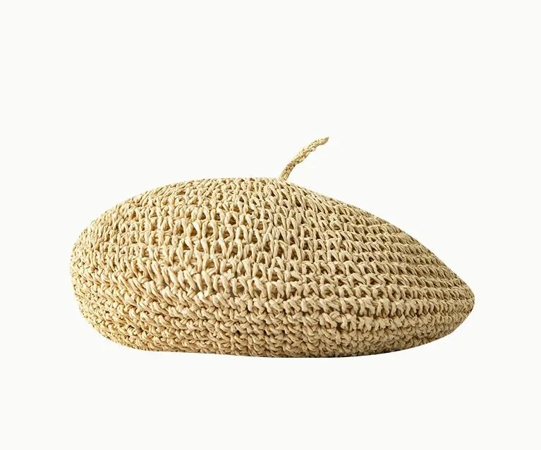 Ladies Straw Beret Ladies Handmade Crochet Beret Temperament Painter Hat Breathable Straw Hat