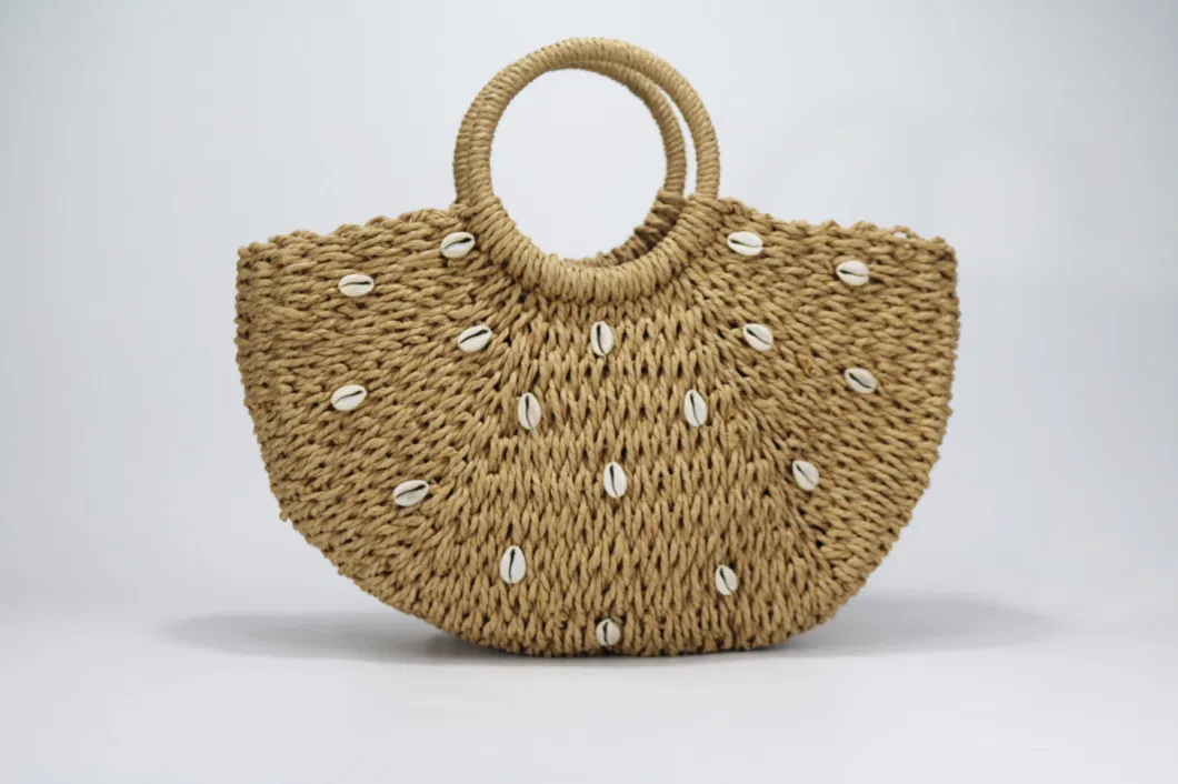 Straw Handbagwith Shell Lady Beach Bag with Small Pouch