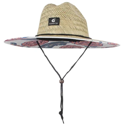 Women Mens Summer Nature Straw Hats Wide Brim Straw Lifeguard Hat Beach Sun Hat with Print Under Brim for Gardening Fishing Hiking